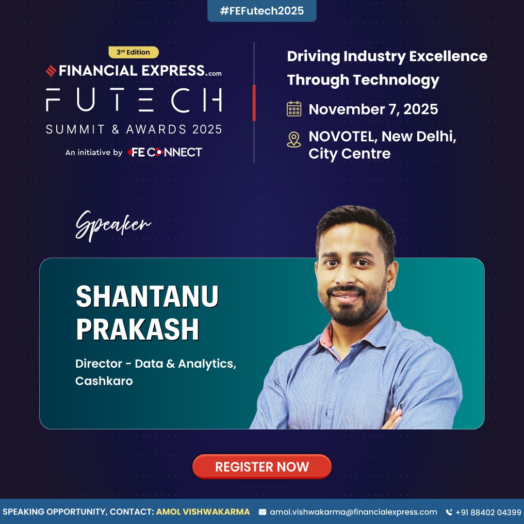 FE_Connect's tweet image. We are elated to welcome Shantanu Prakash, Director- Data &amp;amp; Analytics, @Cashkarocom, at FE FuTech Awards 2025. 

November 7, 2025 | Novotel, New Delhi, City Centre
Register Now: shorturl.at/7V8Yj 

#FEConnect #ConnectwithFE #B2B #B2BEvents #FuTechSummit