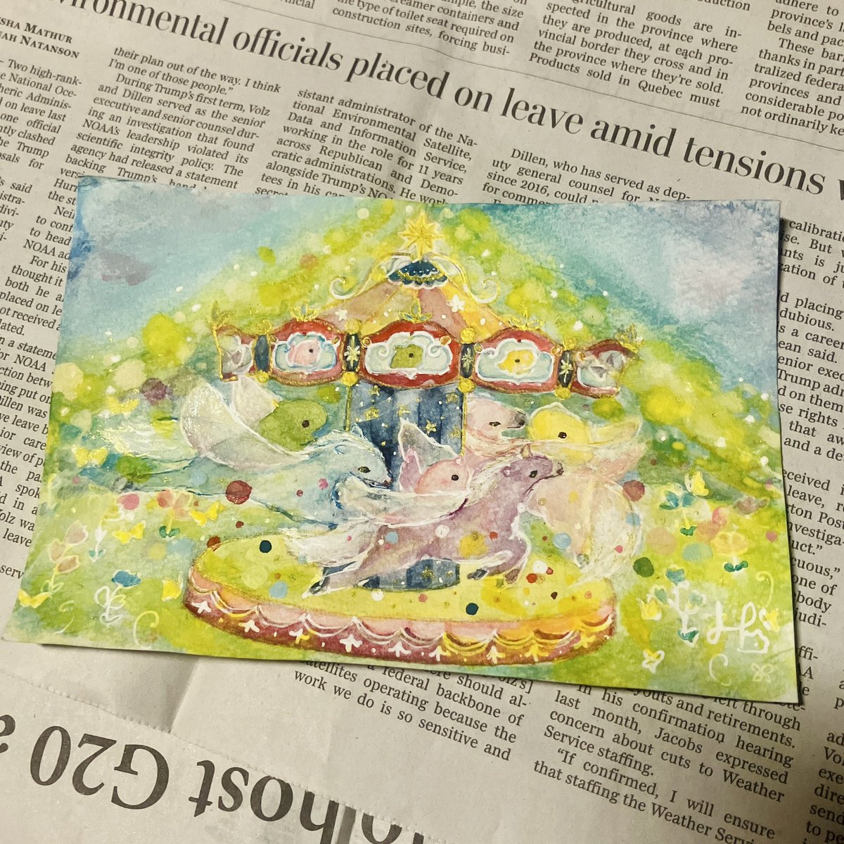 _hinaho_'s tweet photo. 1月のイラストは、言わないと気づかれなそうですが一応干支(🐎)です！
馬といえばで、大好きなメリーゴーランドを描きました。
自由でいてほしいので、馬さんをつなげる棒のようなものあえて描いていません🎠

#デザフェス62 https://t.co/tNnDIiLZ8S