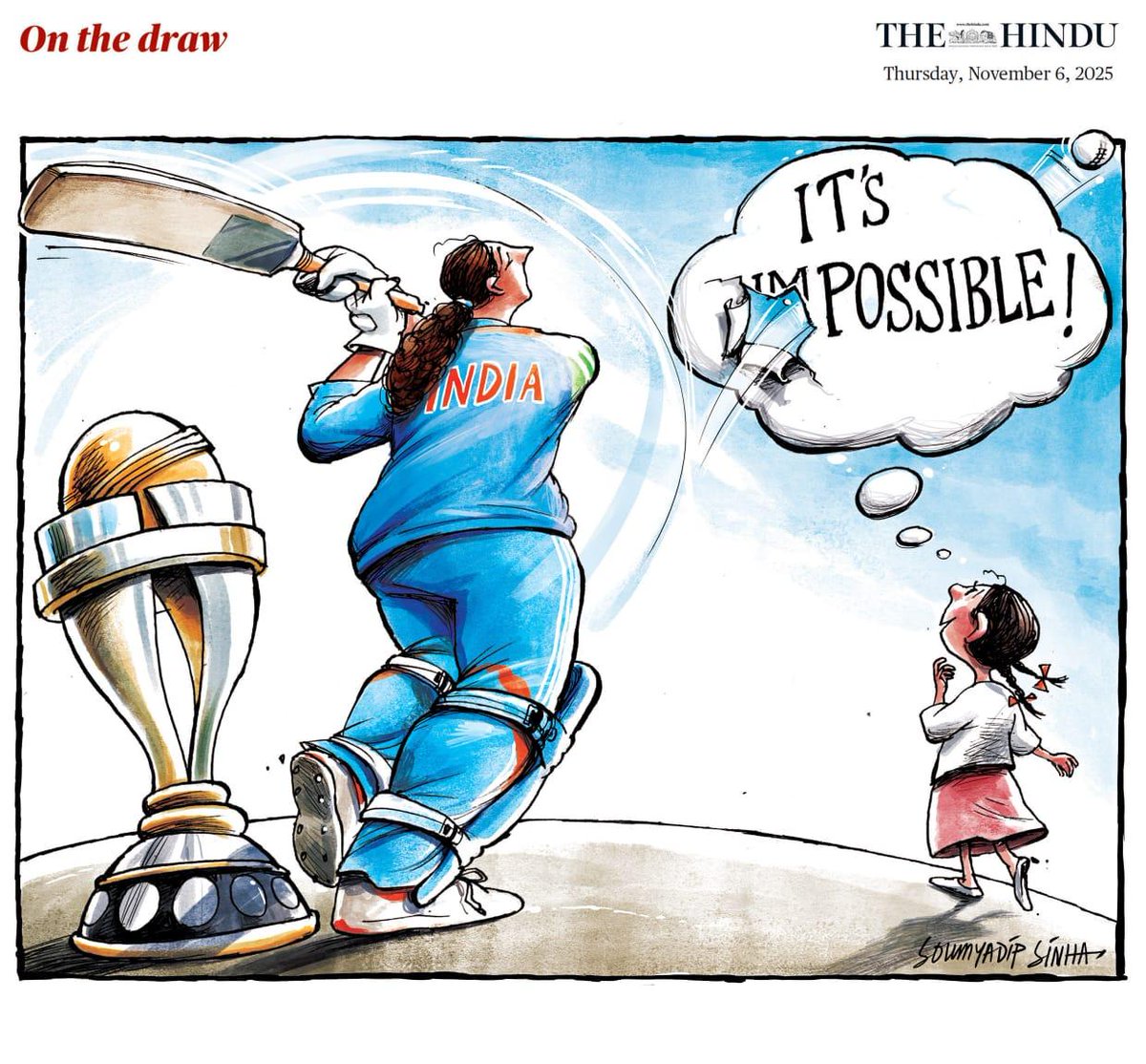 the_hindu's tweet image. On the Draw | India crowned world champions in women’s cricket! Cartoon by @sinha_soumyadip
