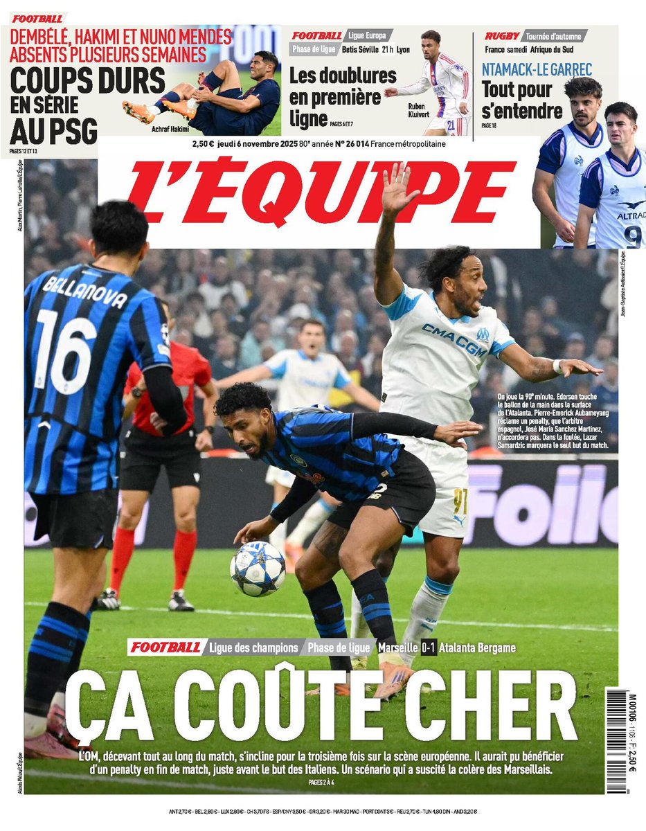 🗞️ La une du journal L'Équipe du jeudi 6 novembre 2025
Pour lire votre édition ➡️ l.lequipe.fr/xS2