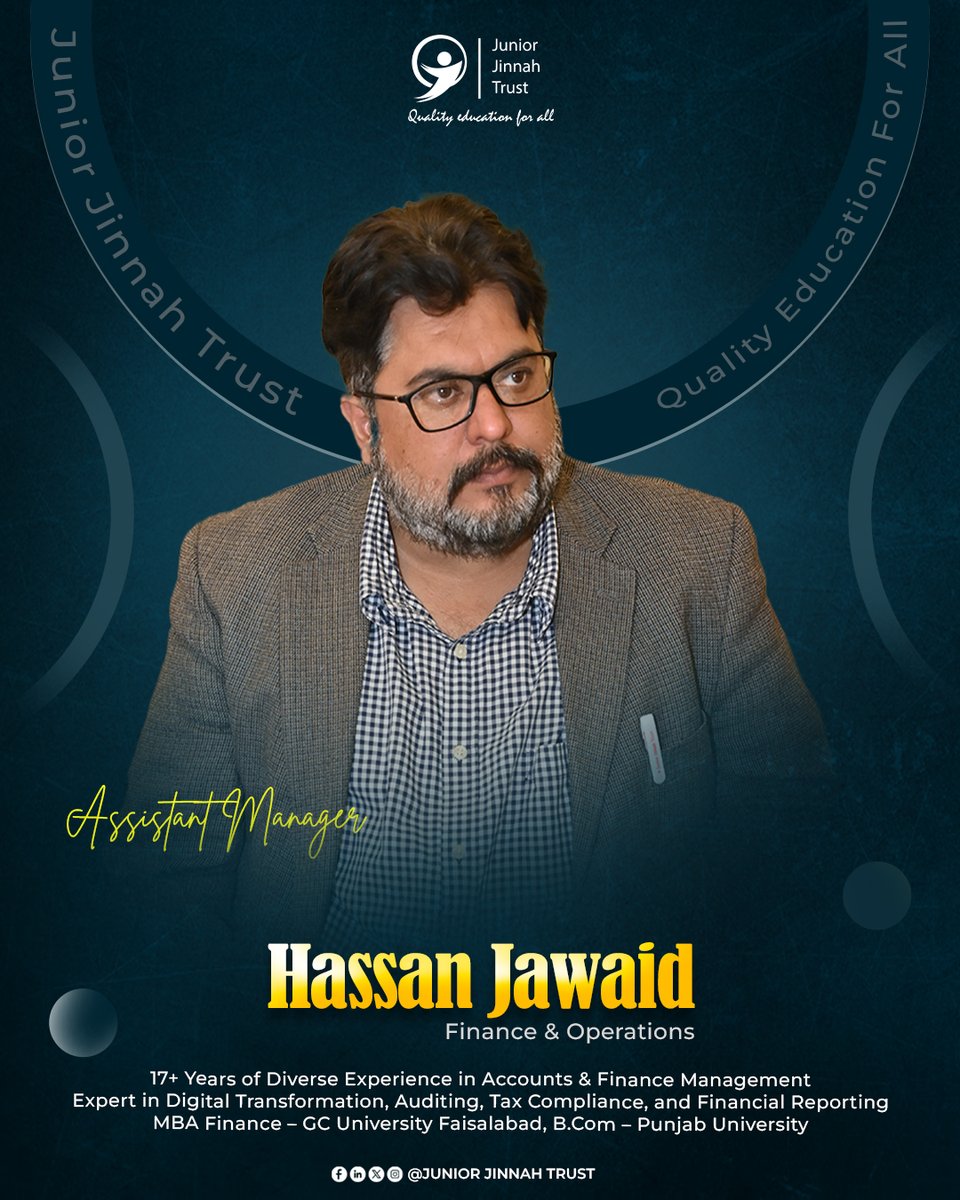 Juniorjinnah's tweet image. 𝗠𝗲𝗲𝘁 𝗛𝗮𝘀𝘀𝗮𝗻 𝗝𝗮𝘄𝗮𝗶𝗱,
Assistant Manager – Finance &amp;amp; Operations at 𝗝𝘂𝗻𝗶𝗼𝗿 𝗝𝗶𝗻𝗻𝗮𝗵 𝗧𝗿𝘂𝘀𝘁. 💼

#JuniorJinnahTrust #JJTTeam #FinanceAndOperations #Leadership #BrightFuture