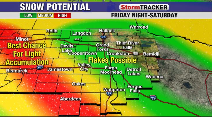 Two systems ahead bring us two chances for flakes. Stray showers later Thursday turn to scattered flurries/mix for the early hours on Friday. The second system then brings some light snow Friday night-Saturday AM, w/ light accumulation possible to the W/SW of the RRV. #ndwx #mnwx