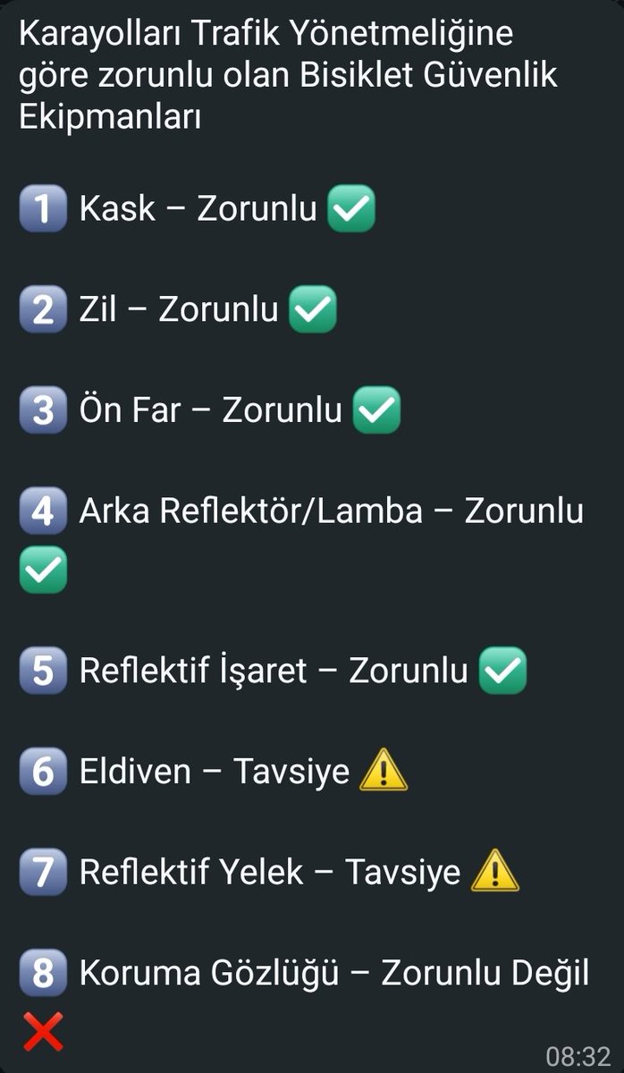 Karayolları Trafik Yönetmeliğine göre zorunlu olan Bisiklet Güvenlik Ekipmanları