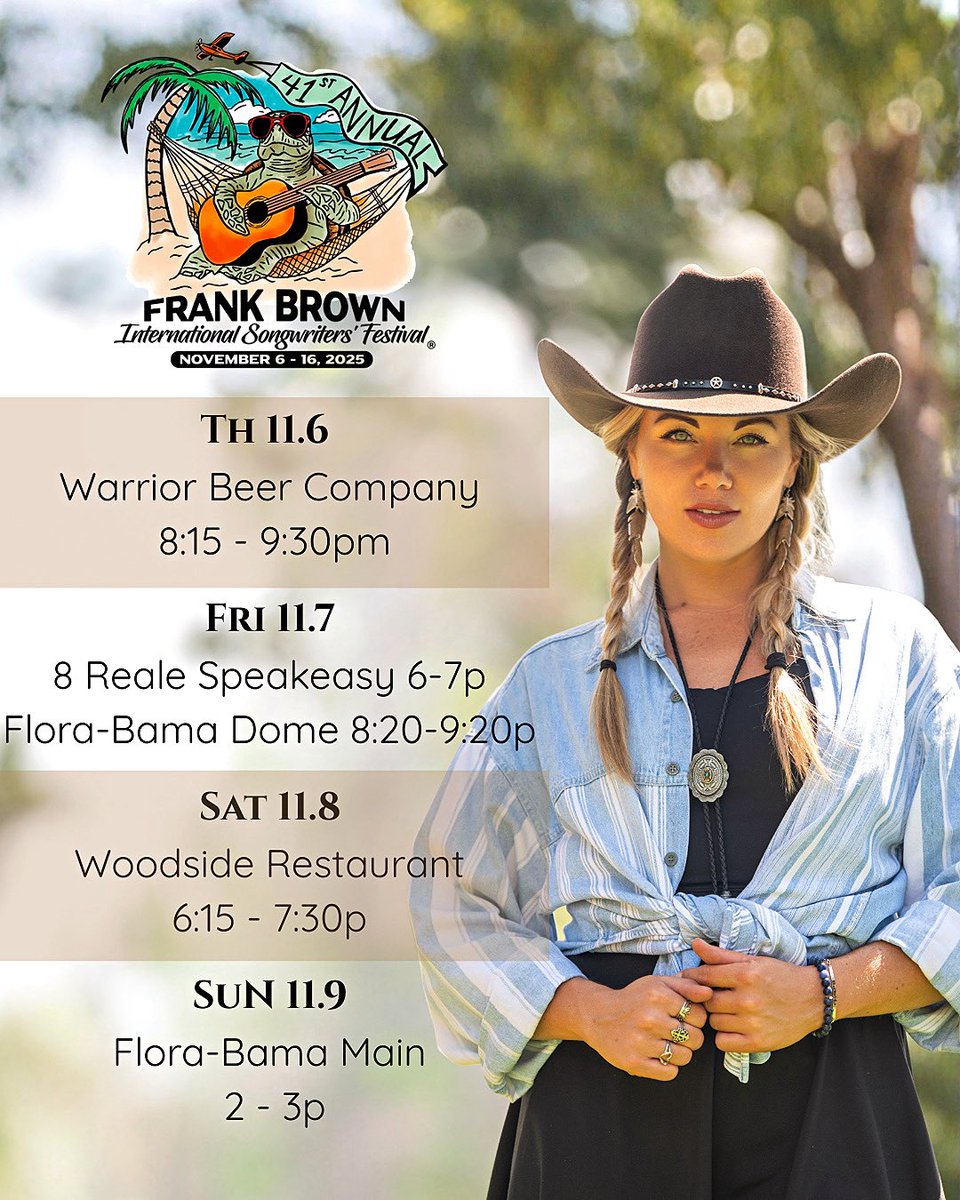 KirstieKraus's tweet photo. Happy to be a part of the @FBISF this year! Check out the schedule below 👇🏼 and come say hi! 👋🏼 

🧢 @planetcowboy_ 
#fbisf #frankbrown #Orangebeach https://t.co/aBggopm6mq
