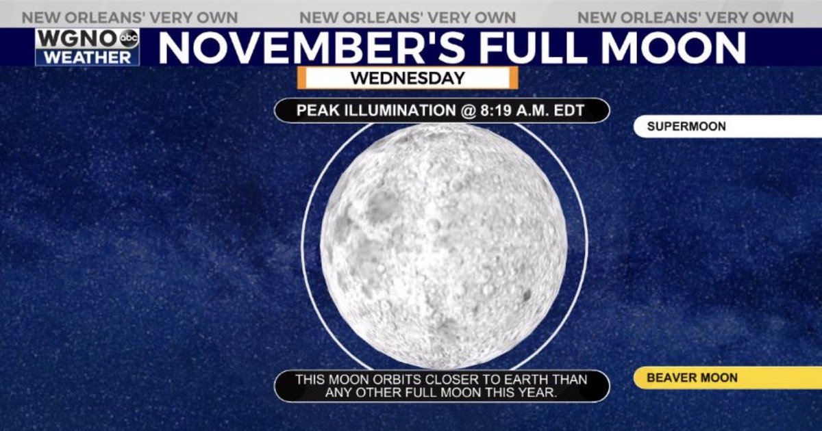 On this week’s #WeatherWednesday, we chat the BEAVER SUPERMOON! It’s the NOVEMBER FULL MOON and to learn more please click this link: wgno.com/weather/weathe… (via <a href="/WGNOtv/">WGNO-TV (ABC) New Orleans</a>) 🌕