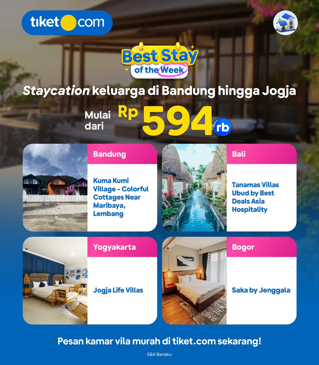 tiket's tweet photo. PROMO STAYCATION HEMAT DI BANDUNG, BALI, HINGGA JOGJA!
Timin punya rekomendasi vila kece dan hotel pilihan di Indonesia dengan harga spesial, nih! LIKE & BOOKMARK promonyaπ
https://t.co/KVuZAnkueQ
Pesan di https://t.co/AT2gGfPEm8 sekarang!
#SemuaAdatiketnya #PromoLiburan https://t.co/xDG6KtZAaj