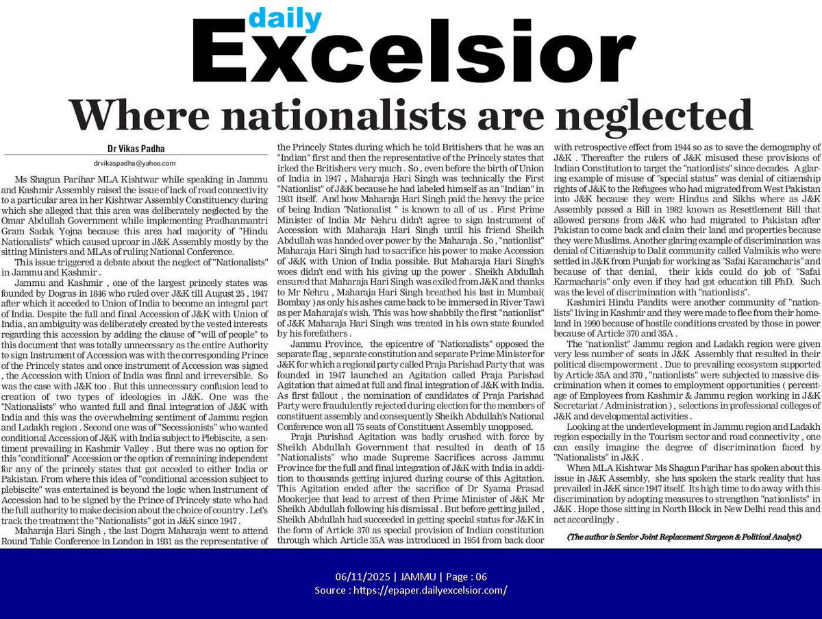 I am highlighting the neglect of Nationalists in #JammuAndKashmir since 1947 in backdrop of MLA Kishtwar Ms <a href="/ShagunParihar_/">ShagunParihar</a>'s  recent statement in Jammu and Assembly alleging neglect of Nationalists in her Constituency in <a href="/DailyExcelsior1/">Daily Excelsior</a> .
Col <a href="/ajaykraina/">Col AJ🇮🇳</a> Sir