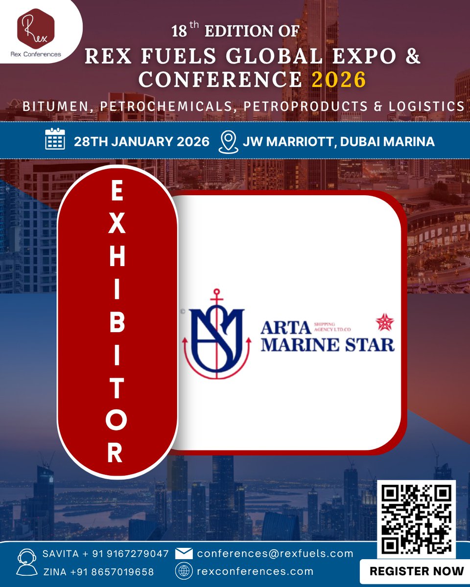 FuelsManagement's tweet photo. We’re delighted to welcome Arta Marine Star Shipping Co as our Exhibitor to the 18th Edition of Rex Fuels Global Expo & Conference 2026, taking place on 28th January 2026 at JW Marriott, Dubai Marina.
#RexFuels #GlobalExpo2026 https://t.co/DAd2BdzTFZ