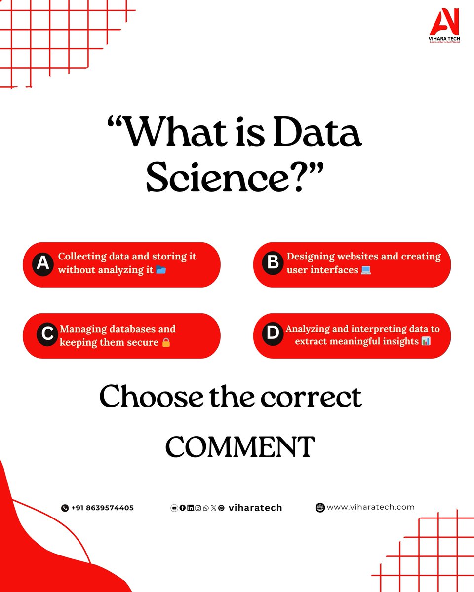 viharatech's tweet image. 💡 Think you know Data Science?
Test your knowledge! 👇
“What is Data Science?” — Choose the correct answer and drop your choice in the comments! 💬
Start your tech career with the right foundation — start it with Vihara Tech!
+91 8639574405
viharatech.com

 #viharatech