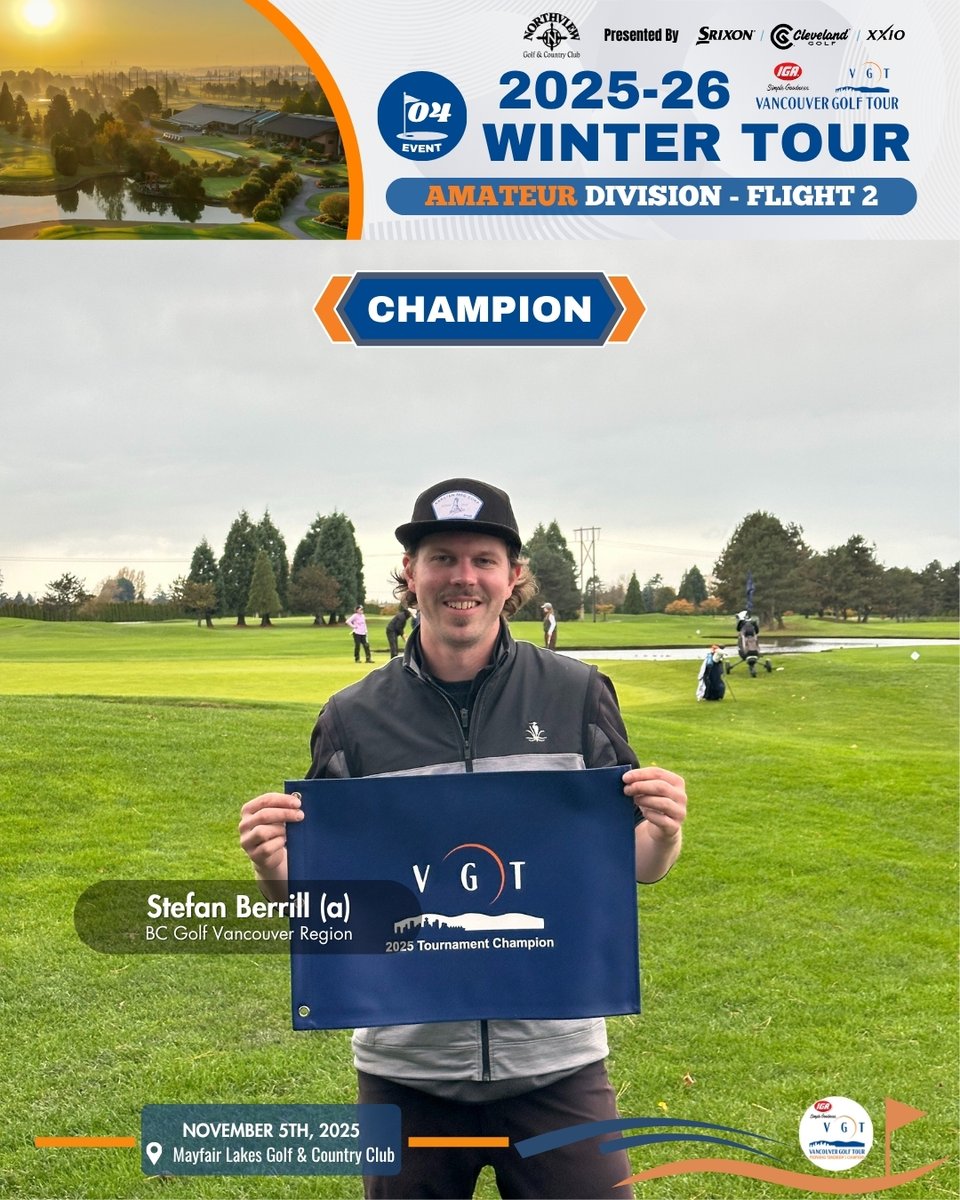 VanGolfTour's tweet photo. Amateur Sky Sun (-4) takes down the pros at Winter Tour Event 4 with a clutch 67.
🏆 Representing @QuilchenaGolf, Sky showed nerves of steel to claim the title.
Respect to all players who teed it up today!
📍 @MayfairLakes  
Presented by @SrixonGolf &amp; @ClevelandGolf https://t.co/pmb1XQdsBO