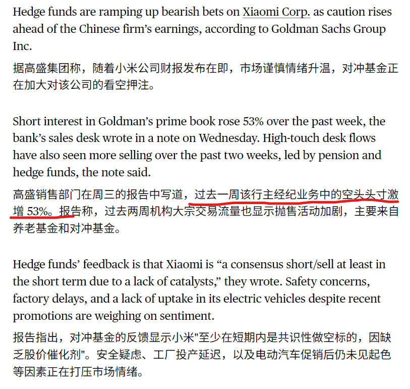 baoshu88's tweet image. 高盛：做空小米已成对冲基金共识。过去两周，养老基金和对冲基金疯狂抛售小米，空头头寸激增了53%。从现在的情况看，小米汽车底盘存在的严重安全隐患，监管机构有可能发起官方调查，强制召回。