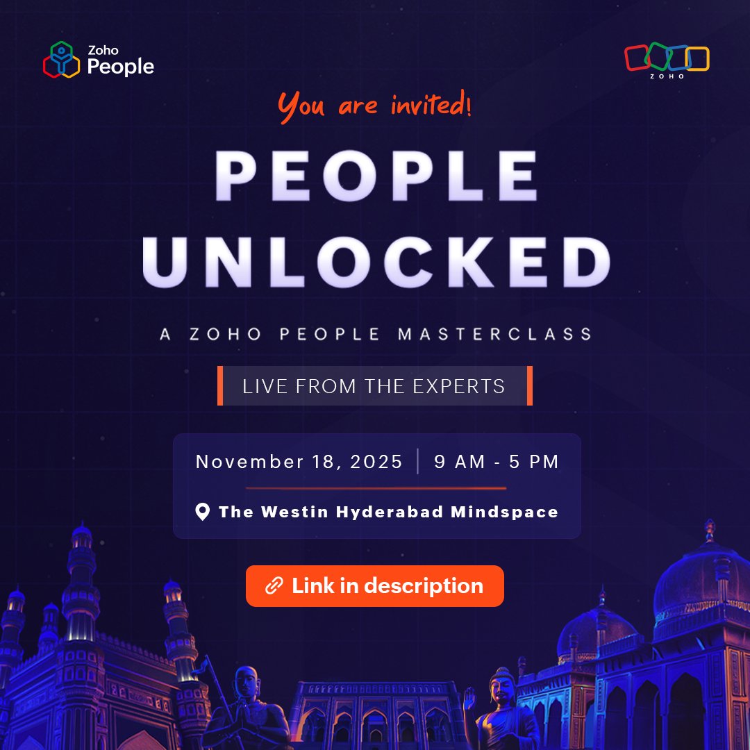 ZohoPeople's tweet photo. Hyderabad, we’re coming your way! 🎉

Join our exclusive workshop on November 18 for practical learning, upcoming feature previews, and one-on-one expert time tailored to your needs.

Grow. Connect. Elevate your HR game.

Register now: https://t.co/ve7ldWd8sk

#PeopleUnlocked #ZohoPeople