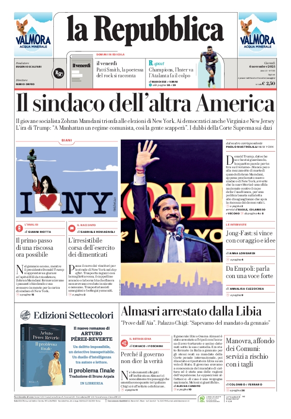 repubblica's tweet photo. La prima pagina di oggi #6november https://t.co/LZaZp2Gm1r 📰 https://t.co/9pYNnVyacB