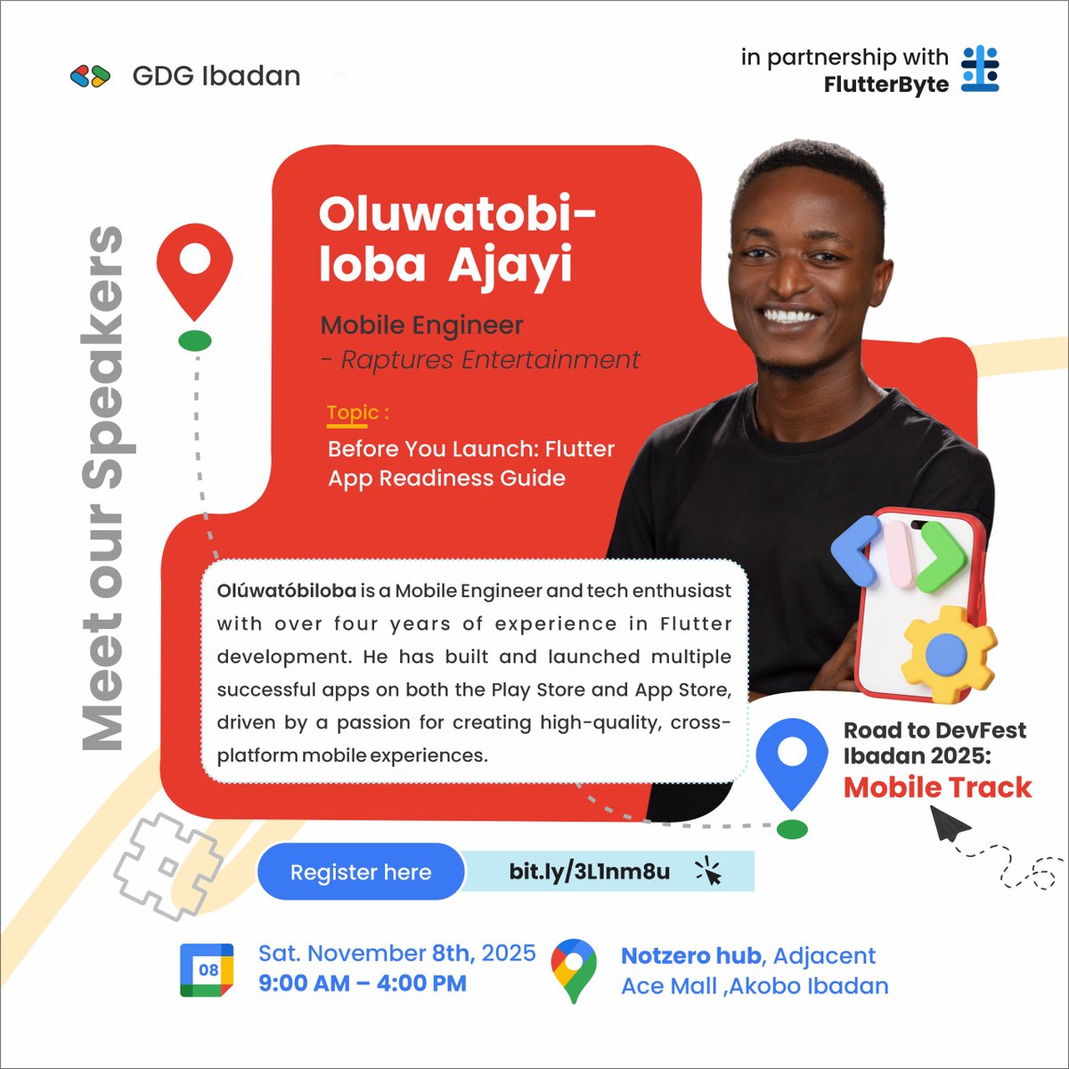 gdgibadan's tweet image. Say hello to Oluwatobiloba Ajayi, Mobile Engineer at Raptures Entertainment. 

His session, “Before You Launch: Flutter App Readiness Guide,” will walk you through best practices for publishing production-ready Flutter apps.

#RoadToDevFest #Flutter