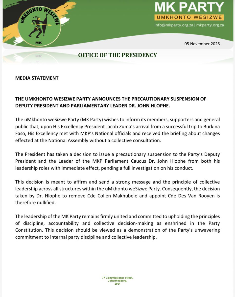 MKPartyy's tweet image. Statement of the uMkhonto weSizwe Party on the precautionary suspension of Deputy President Parliamentary Leader Dr. John Hlophe.