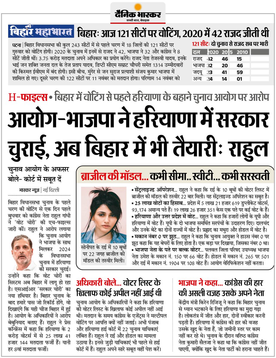 बिहार में आज 121 सीटों पर वोटिंग... राहुल ने H-फाइल जारी कर चुनाव आयोग और भाजपा पर लगाए आरोप- हरियाणा में सरकार चुराई, 25 लाख से ज्यादा वोटर फर्जी बताए

अधिक खबरें और ई-पेपर पढ़ने के लिए दैनिक भास्कर एप इंस्टॉल करें - dainik-b.in/mjwzCSxDdsb 
#BiharElections2025 #HydrogenBomb