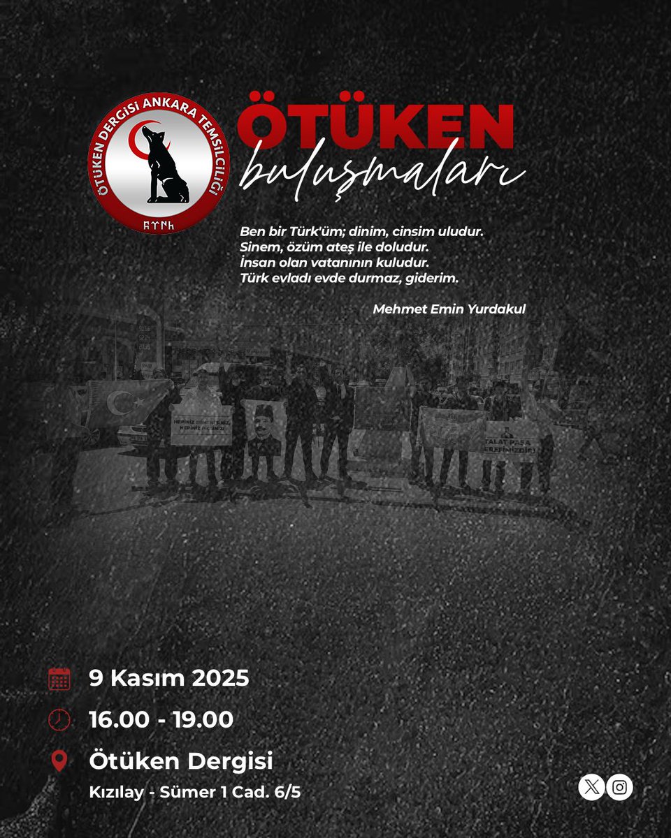 📢 Ötüken Buluşmaları – Ankara

Tanışmak, konuşmak, sohbetimize ortak olmak isteyen tüm Türkler davetlidir.

📅 9 Kasım 2025
🕓 16.00 – 19.00
📍 Kızılay – Sümer 1 Cad. 6/5