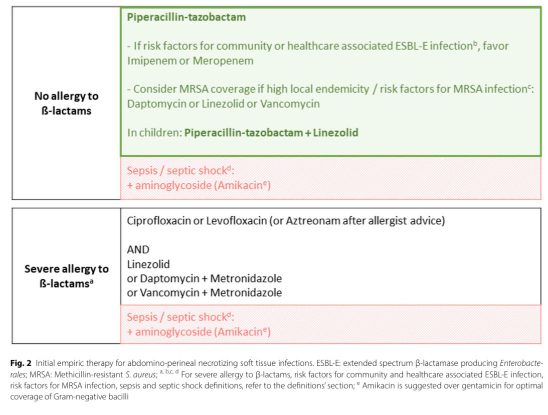 infeccHRUmalaga's tweet image. REVISIÓN✍🏻📚@Crit_Care ANTIBIOTERAPIA (tb alérgicos betalactamicos)en #FascitisNecrosante segun #localización x etiologías distintas:
🔴Miembros💪🏻🦵🏻 
🔴Abdominoperineal🫃🏻
🔴Cara y cuello👨🏻
Los #antibióticos son importantes pero NO olvides tb #cirugia!🔪🤔
ccforum.biomedcentral.com/articles/10.11…