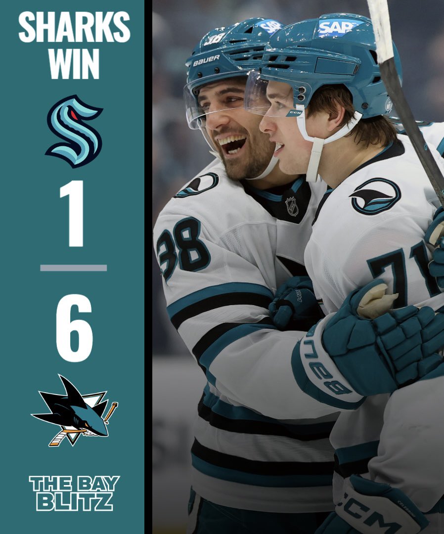 TheBayBlitz's tweet image. BIG WIN IN THE EMERALD CITY.

THE #SJSHARKS GOT A BIG WIN AGAINST THE SEATTLE KRAKEN.

It didn’t take long for Macklin Celebrini to find the back of the net, as he scored in 68 seconds.

Ethan Cardwell got his first as a Shark in this game too.