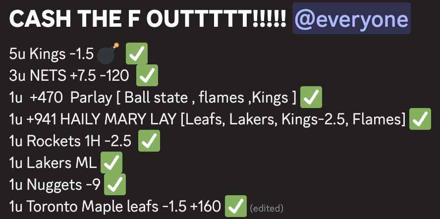 IceCapBets's tweet photo. WE HAMMERED THE F OUT OF VEGAS AGAIN!

5u Kings -1.5 💣💥✅
3u NETS +7.5 ✅
1u  +470  Parlay [ Ball state , flames ,Kings ] ✅
1u +941 HAILY MARY LAY [Leafs, Lakers, Kings-2.5, Flames]✅
1u Rockets 1H -2.5 ✅
1u Lakers ML ✅
1u Nuggets -9 ✅
1u Toronto Maple leafs -1.5✅ https://t.co/pF5owoGLsg