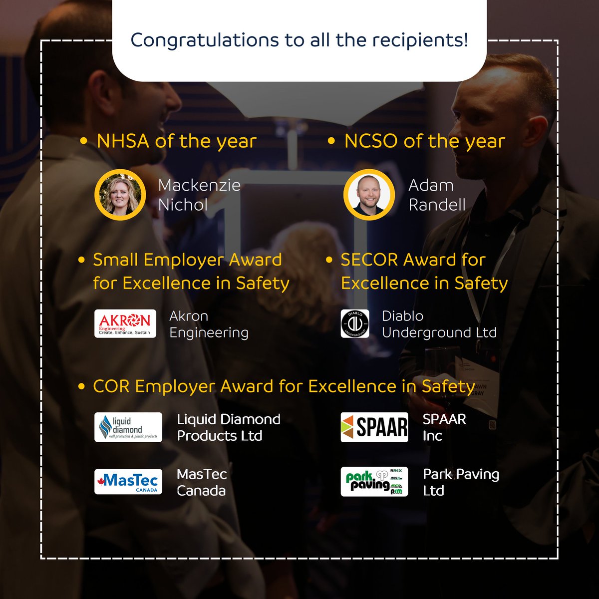 Tonight, we honour individuals and companies in Alberta construction who raise the bar for safety and business excellence at the 2025 ACSA Safety Excellence Awards.

Congratulations to our recipients:
- Mackenzie Nichol, NHSA
- Adam Randell, NCSO
- Akron Engineering Consultants
