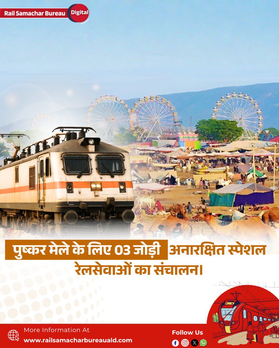 RSBPrayagRaj's tweet photo. पुष्कर मेले के लिए 03 जोड़ी अनारक्षित स्पेशल रेलसेवाओं का संचालन।
Read more-
https://t.co/UqYo1hbgKz
#IndianRailways #pushkarmela #pushker #specialtrains https://t.co/QMThmu5twt