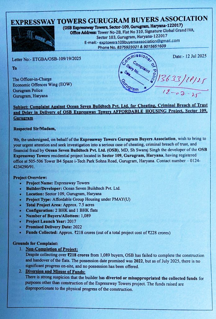 BuyersOsb's tweet image. @India_NHRC allottees of @PMAYUrban have been suffering as @police_haryana @opsinghips @DGPHaryana @gurgaonpolice is not taking any action of registering FIR on 700+ buyers complaint since 12 july 2025 against builder #Swarajsinghyadav of M/s #Oceansevenbuildtech for looting…