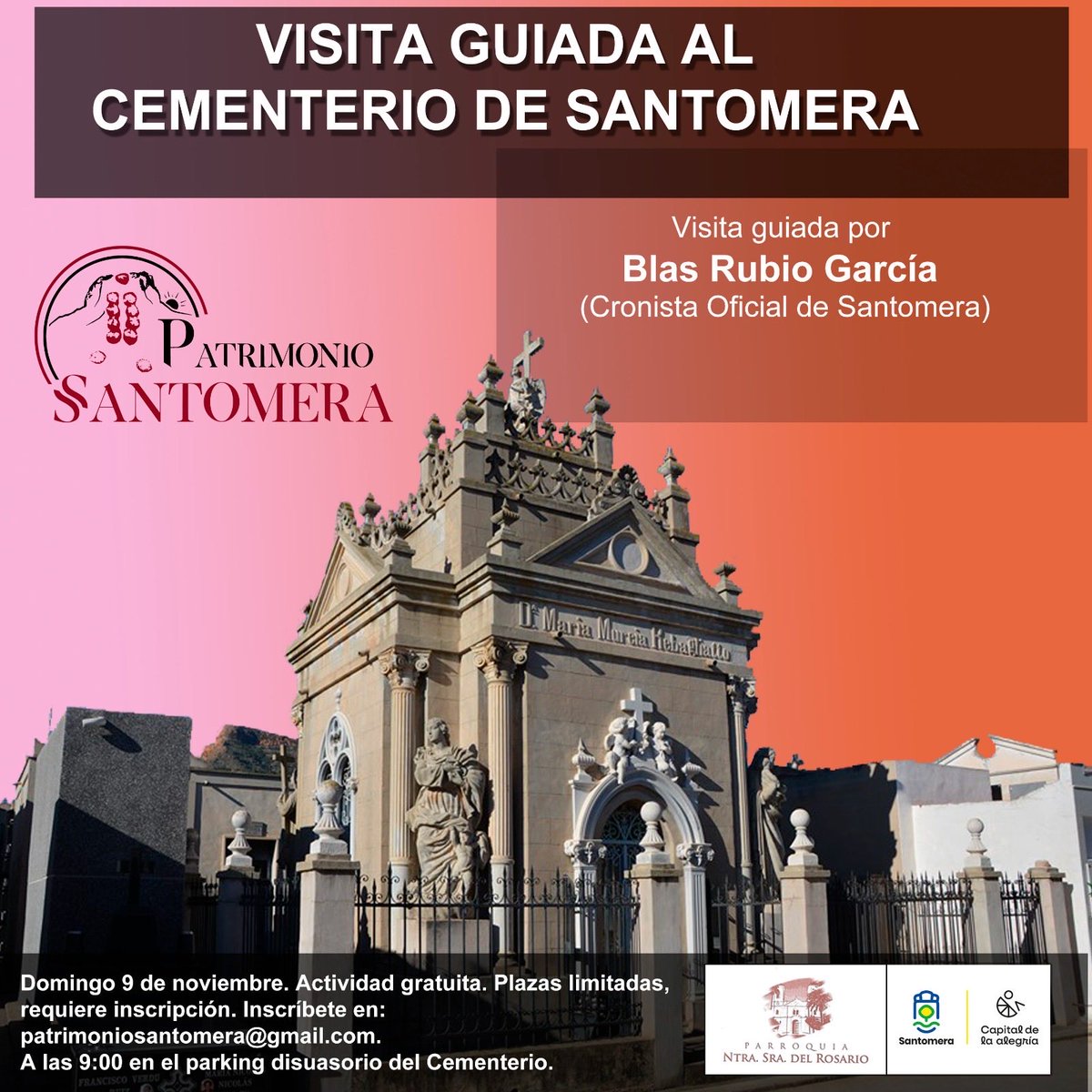 Este domingo día 9 realizaremos la visita guiada a nuestro Cementerio. Descubre la historia de Santomera a través de este elemento patrimonial. Nos guiará como siempre nuestro cronista y compañero Blas Rubio. 
Plazas limitadas. 
Inscripción y toda la información en el cartel: 👇🏻