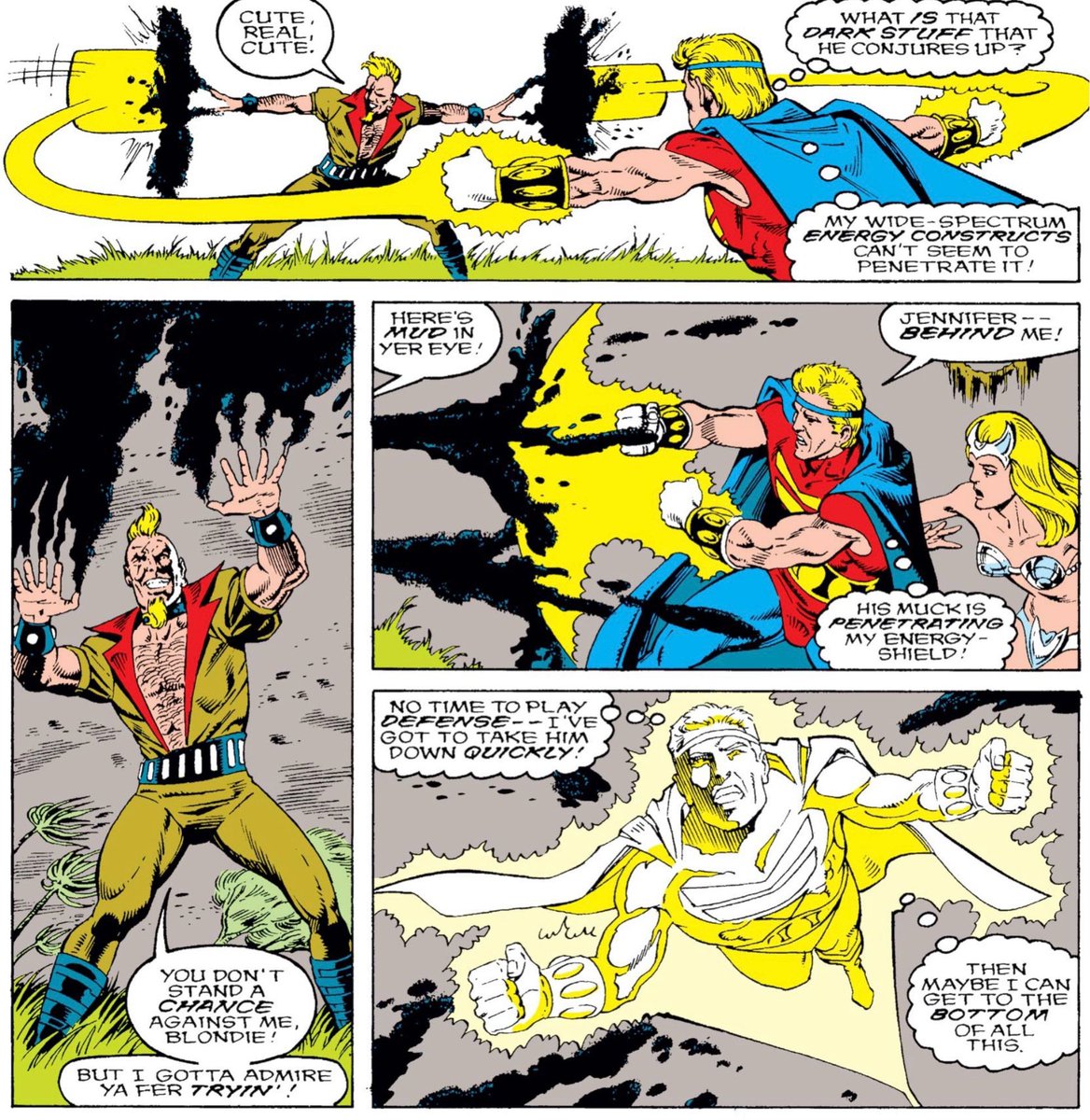 MarvelDailyArt's tweet image. Quasar and Quagmire end up having a fight, because Quagmire is still a villain but also to determine who has the best “QU” name! Quasar’s light energy can’t seem to penetrate the dark goo that Quagmire is spewing, and things aren’t looking good! #marvel #quasar