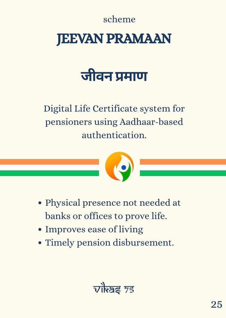 SujeetKOfficial's tweet image. #KnowYourScheme

#JeevanPramaan provides Digital Life Certificate system for pensioners using Aadhaar-based authentication. More than One Crore families in India can be classified as pensioner families, where the pension disbursed by the various government bodies forms the basis…
