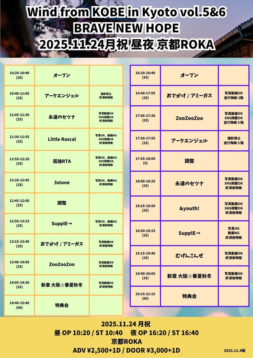 wind_from_kyoto's tweet photo. 【次のイベント 11.24】

全11組、延べ17組！内容もボリュームも期待できます！

チケットはこちら https://t.co/aBRZcX6NuG

整理番号順入場です。お早めにどうぞ。 
コンビニ決済は締切4日前で販売終了となります。お急ぎください。

Wind from KOBE in Kyoto vol.5&6 BRAVE NEW HOPE
vol.5 OP 10:20 / ST 10:40 vol.6 OP 16:20 / ST 16:40

ご出演： アークエンジェルさん、&youth!さん、永遠のセツナさん、おでかけ♪アミーガスさん、孤独RTAさん、3stoneさん、SupplE→さん、新章 大阪☆春夏秋冬さん、ZooZooZooさん、むげんこんぜさん、Little Rascalさん