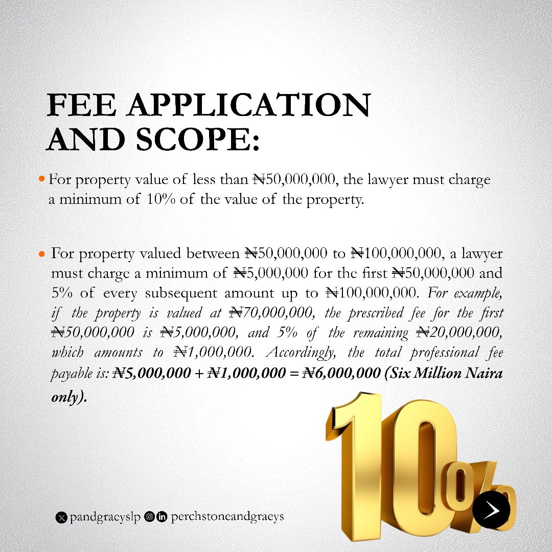 PAndGraeysLP's tweet photo. How much should a lawyer charge for your property transaction?

#RealEstate #PropertyLaw #LawyersInNigeria #LPRO2023 #LegalFees #PropertyTransactions https://t.co/iOuAK70y5j
