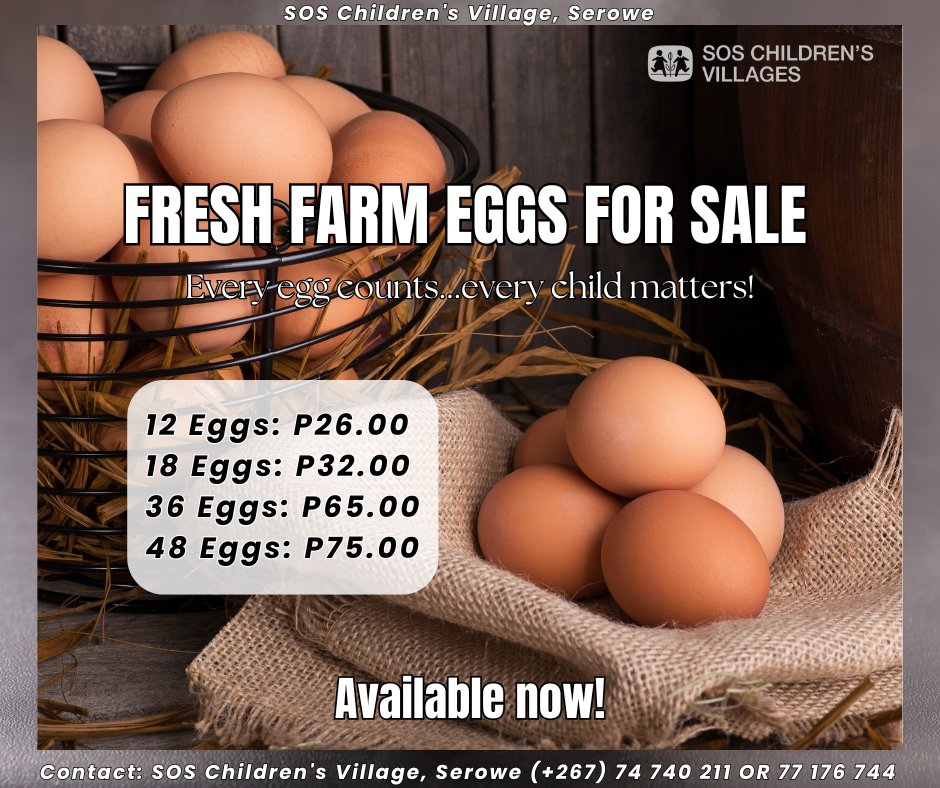 𝐅𝐫𝐞𝐬𝐡 𝐟𝐚𝐫𝐦 𝐞𝐠𝐠𝐬 𝐟𝐨𝐫 𝐬𝐚𝐥𝐞 𝐚𝐭 #𝐒𝐎S𝐂𝐡𝐢𝐥𝐝𝐫𝐞𝐧𝐬𝐕𝐢𝐥𝐥𝐚𝐠𝐞, 𝐒𝐞𝐫𝐨𝐰𝐞!

All proceeds go towards children in our care. Your support means a lot.

𝐒𝐞𝐞 𝐛𝐞𝐥𝐨𝐰 𝐩𝐫𝐢𝐜𝐞𝐬:
12 eggs P26.00
18 eggs P32.00
36 eggs P65.00
48 eggs P75.00