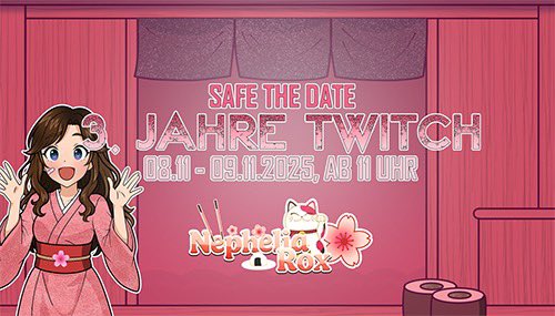 SAFE THE DATE, liebe VTuber, Freunde, Künstler und Supporter. Samstag feiern wir mein Jubiläum. 

Twitch.tv/nepheliarox

Dürft es auch gerne teilen oder Werbung machen. ♥️

#gutenmorgen #japan #cosplay #vtuber #artist #jubiläum #party #twitch