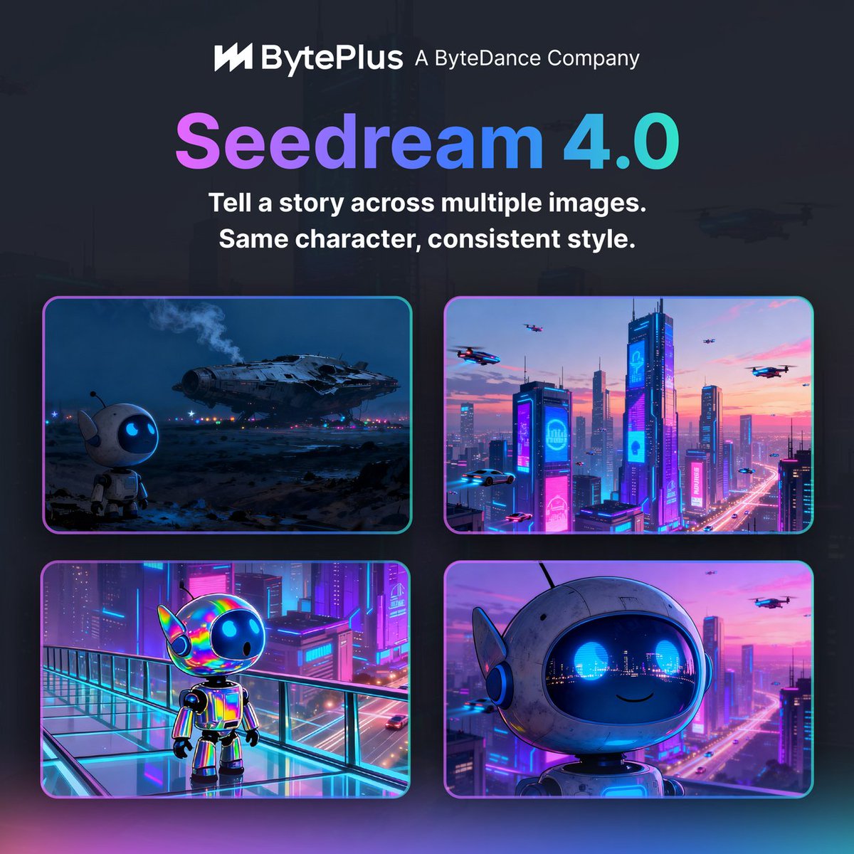 📖 Tell a story across multiple images. Same character, consistent style.

Seedream 4.0's story-driven image generation preserves core characteristics across an entire sequence — perfect for product campaigns, brand narratives, and visual storytelling that needs continuity.

One