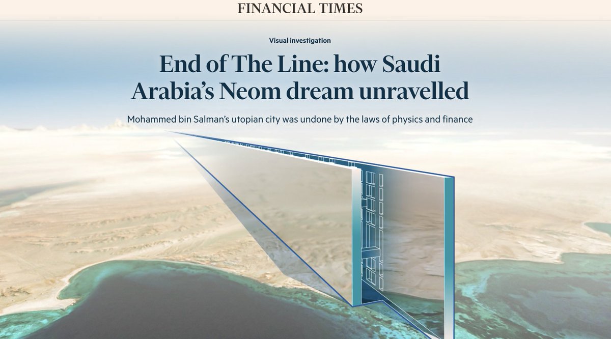 alisonkilling's tweet image. NEW: The End of the Line: the centrepiece of Saudi Arabia’s Neom gigaproject - a 500m tall, 170km long wall-like building intended ultimately to house 9 million people - can’t get out of the ground, say more than 20 former Neom architects, engineers and senior executives.