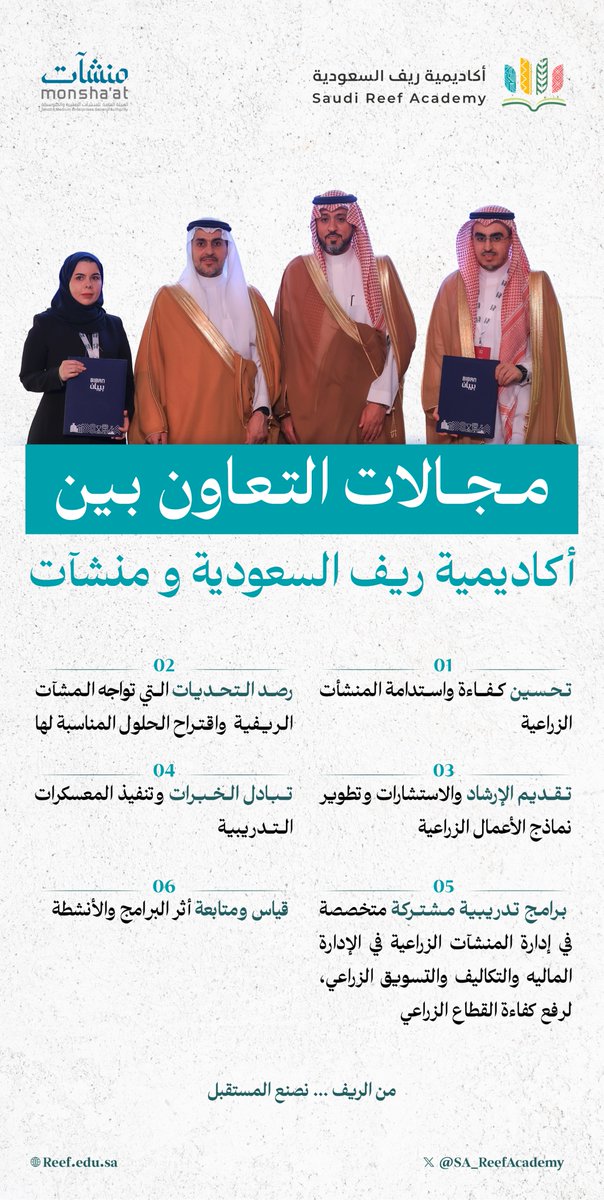 توقيع مذكرة تفاهم بين أكاديمية ريف السعودية ومنشآت <a href="/MonshaatSA/">منشآت | Monshaat</a>، شراكة استراتيجية لتمكين المنشآت متناهية الصغر والصغيرة والمتوسطة في القطاع الزراعي والريفي.
#من_الريف_نصنع_المستقبل.