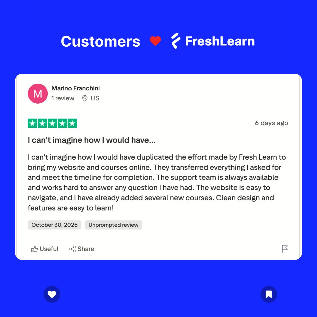 FreshLearnHQ's tweet image. A big thank you to Marino Franchini for sharing his experience with FreshLearn!

He loved how easy it was to bring his website &amp;amp; courses online — with fast setup, great support &amp;amp; simple design. 

Ready to launch your own course? 👉 FreshLearn.com

#FreshLearn