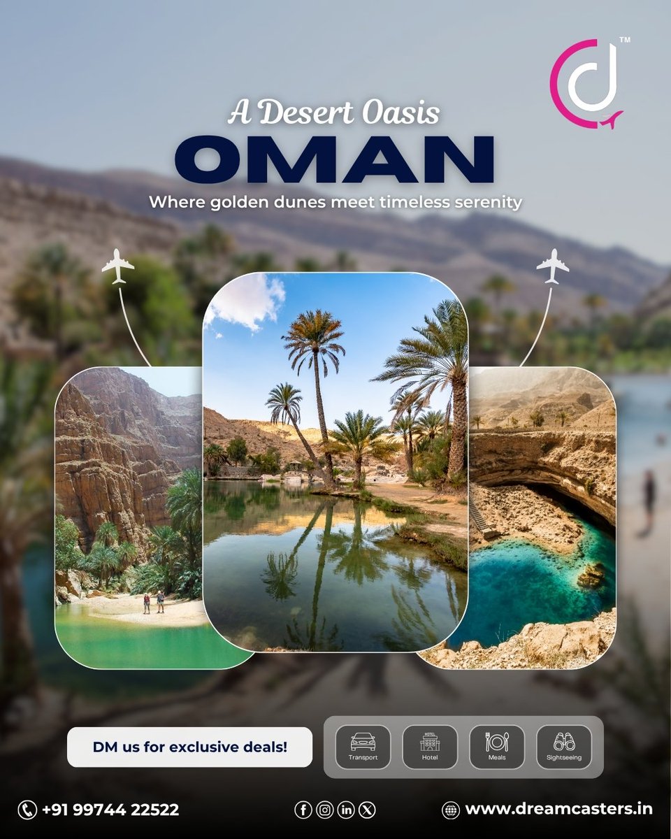 dreamcastersIn's tweet image. Unveil the magic of Oman! 🏜️🌅 Golden dunes, turquoise coasts, and timeless culture — a desert paradise waiting to be explored. 🌴✨
#DreamCasters #OmanTravel #DesertOasis #LuxuryTravel #WahibaSands #MuscatAdventures #ExploreOman #MiddleEastTravel #Wanderlust #TravelWithExperts