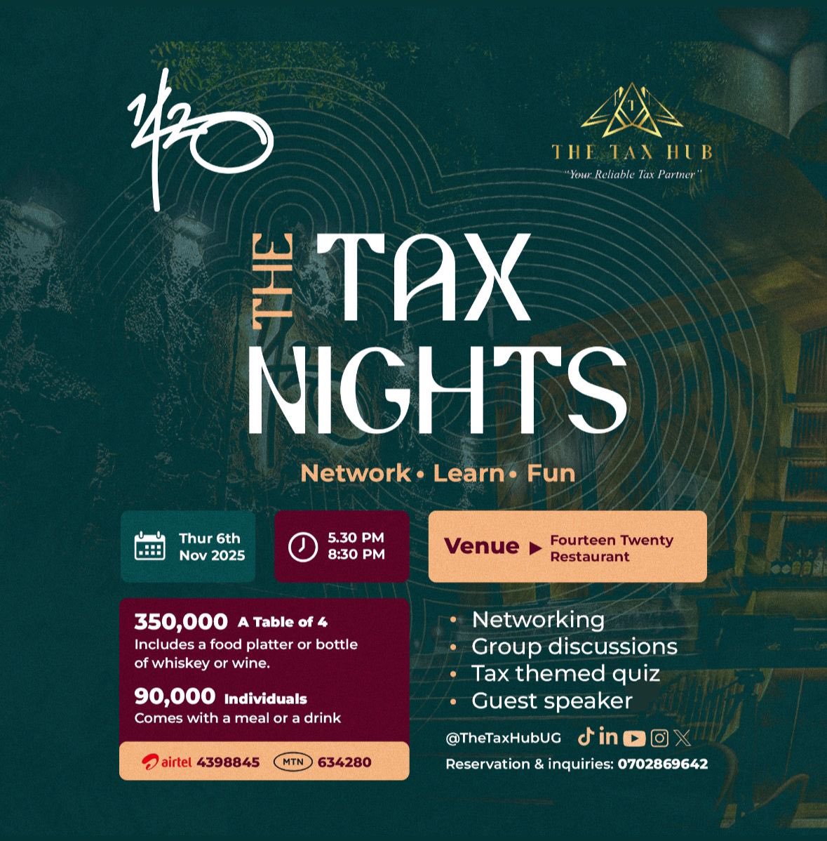 TaxHubUG's tweet image. 📢 It’s the D-DAY! 🔥🔥

📣 The second edition of TAX NIGHTS is finally happening this evening 🎉 Get ready to network, learn &amp;amp; have fun! 

📌 Here’s what’s lined up for the night;

🎯 Tax Bingo: Our fun networking icebreaker to get everyone talking &amp;amp; excited!