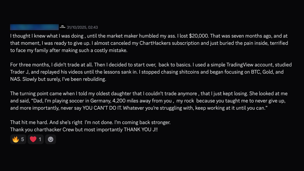 TheChartHackers's tweet image. Every trader has that moment: the loss that humbles you, breaks you, and makes you question everything

But it’s often that breaking point that builds the version of you that can make it

Keep going fam.
