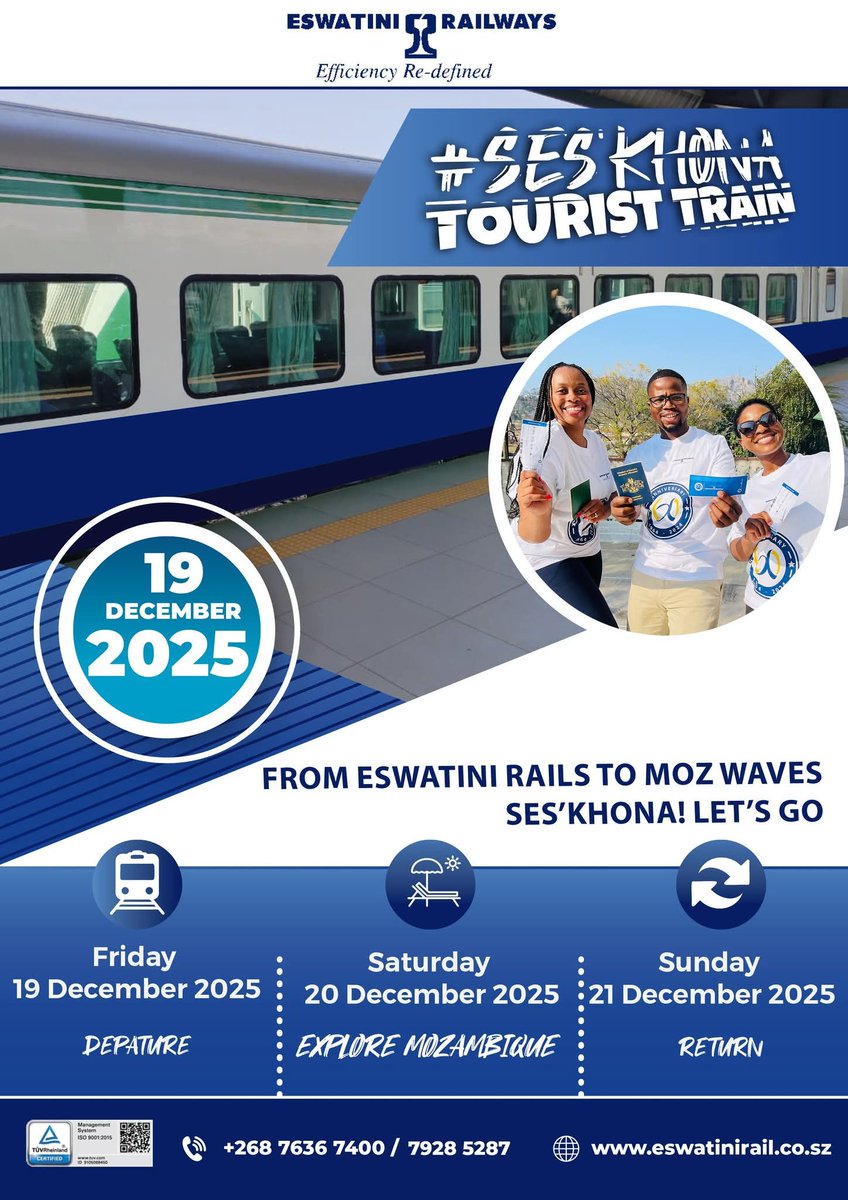 umhlangaswz's tweet photo. Let's gooooo....!! 🥳💃🏾🤩🎉
"From Eswatini rails to Moz waves" 🌊
Ses'khona Tourist Train offers a memorable journey with scenic routes, top-notch safety and world-class comfort 🤩🌟
@EswatiniR 🇸🇿
#Vamos #Vakasha #Mozambique #BemVindos #eswatini #connections #LOLIWE https://t.co/7vfGYY9Qjp