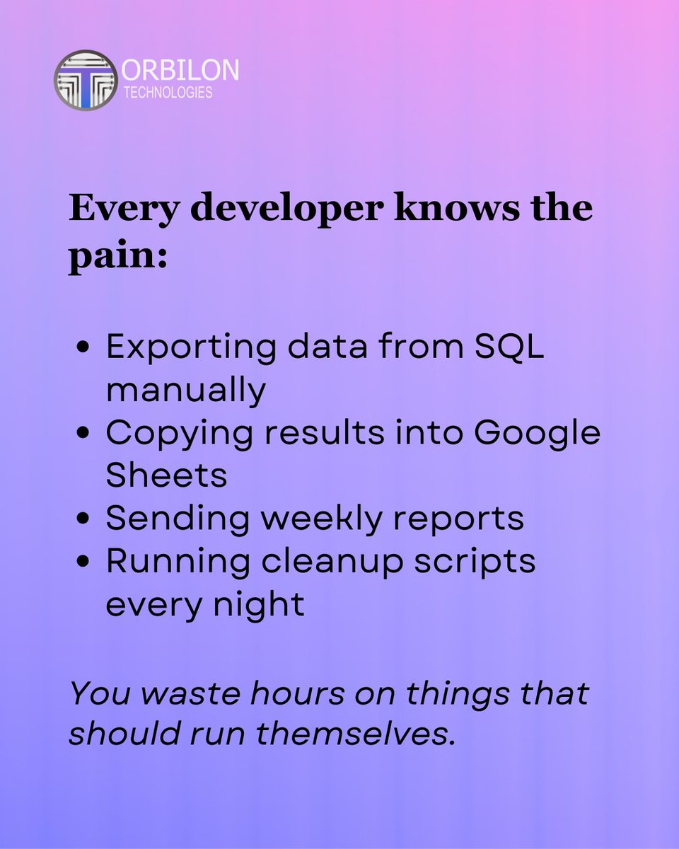 orbilontech1's tweet image. Why run 10 Queries Manually When One n8n Workflow can do it all For You?
#OrbilonTechnologies #n8nAutomation #SQLAutomation #WorkflowAutomation #DataEngineering #DevOps #OpenSourceTools #DevelopersCommunity