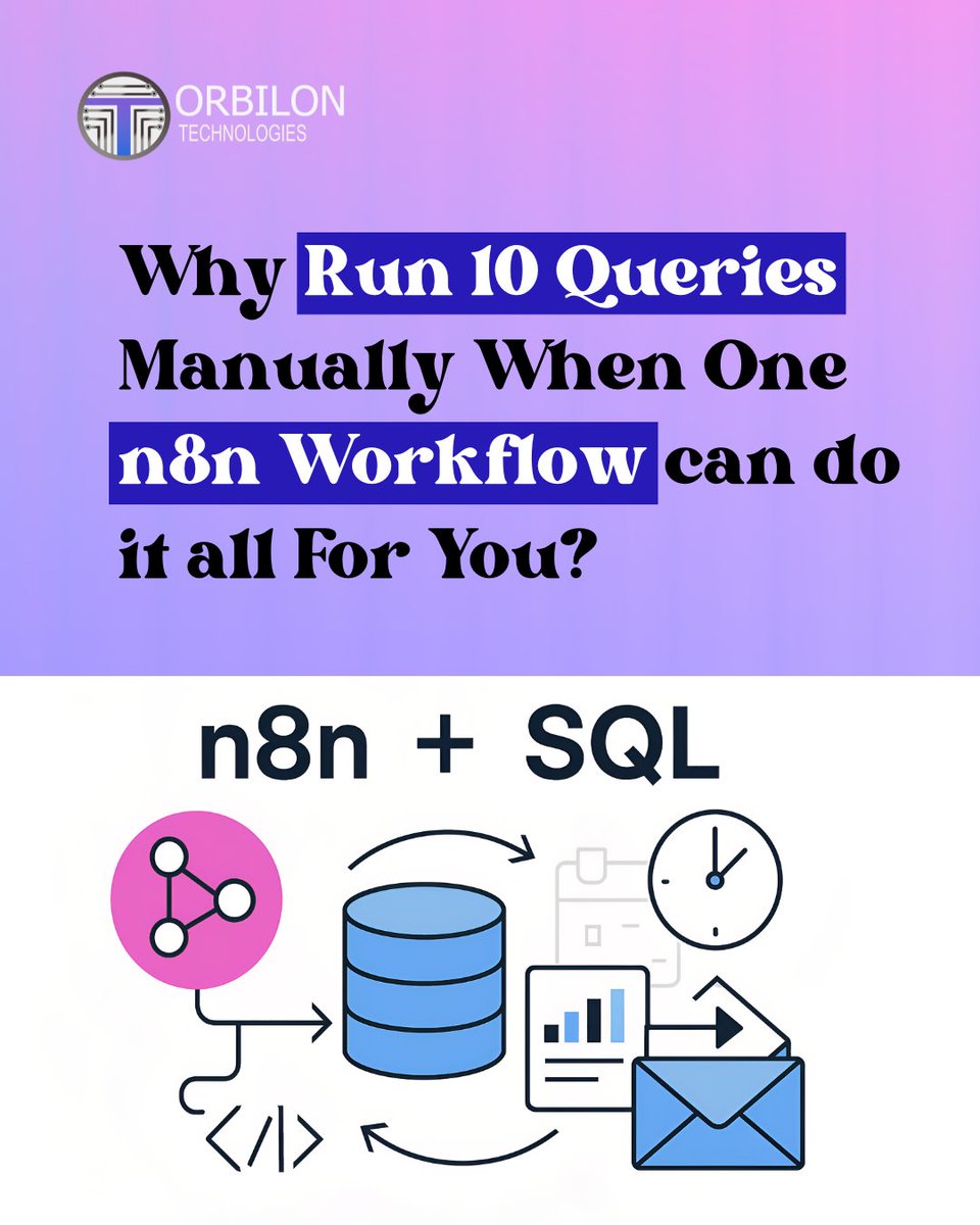 orbilontech1's tweet image. Why run 10 Queries Manually When One n8n Workflow can do it all For You?
#OrbilonTechnologies #n8nAutomation #SQLAutomation #WorkflowAutomation #DataEngineering #DevOps #OpenSourceTools #DevelopersCommunity