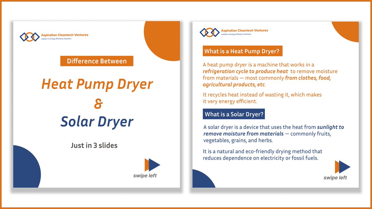 Aspiration50234's tweet image. Learn the difference between a Heat Pump Dryer and a Solar Dryer in just 3 simple slides! 

🌐 aspcv.comⓂ️ info@aspcv.com 
📞+91 9677763170

#HeatPumpDryer #solardryer #DryingTechnology #cleantech #Sustainability #energyefficiency #Innovation #IndustrialSolutions