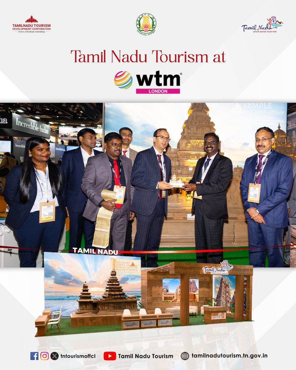 tntourismoffcl's tweet photo. Tamil Nadu Tourism in  World Travel Market (WTM), London 2025

The State Tourism Pavilion was inaugurated on November 4, 2025 by Thiru Kartik Pande IFS., Deputy High Commissioner of India to the UK, and Thiru Harikishore IAS., Joint Secretary, Ministry of Tourism, Government of India, in the presence of Dr. K. Manivasan, IAS., Additional Chief Secretary to the Government, Tourism, Culture and Religious Endowments Dept & Chairman, TTDC and Thiru T. Christuraj, IAS., Director of Tourism and Managing Director,TTDC.

The Tamil Nadu Tourism Pavilion showcases the State’s rich cultural heritage, scenic landscapes, spiritual circuits, and eco-tourism experiences, drawing attention from global travel professionals and tour operators. The delegation also engaged in discussions with international stakeholders, investors, and tourism boards to explore new collaborations and promote Tamil Nadu as a preferred global travel destination.

#tntourism #wherestoriesneverend #wtmlondon #travelmart