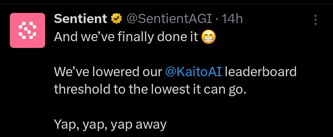 Sentient just rolled out a massive update 🚀
Lowering the Kaito threshold means small accounts finally get the chance to speak and build with Sentient AGI
This is how true open and decentralized AI should work🔓
With Polygon cofounder Sandeep involved and $85M raised l, the