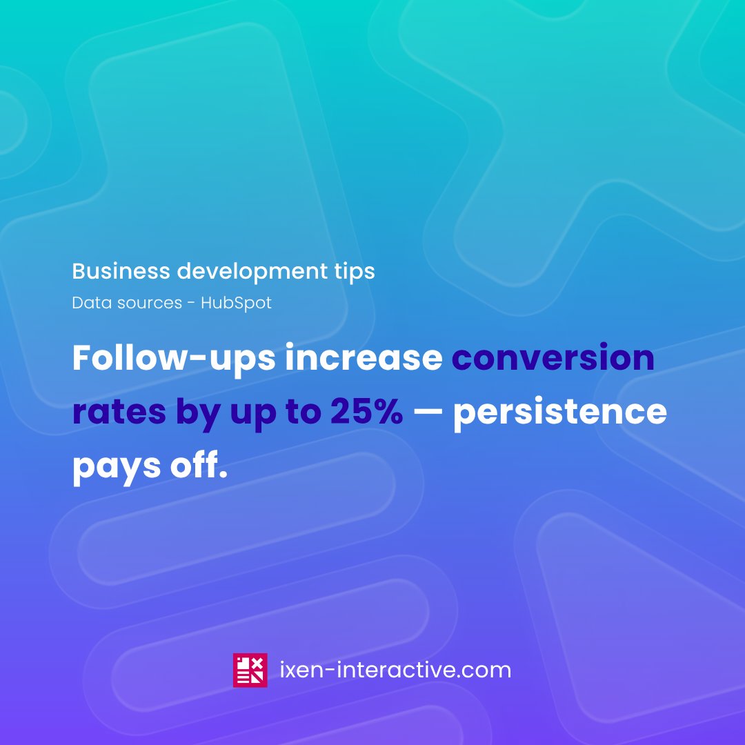 IXENInteractive's tweet photo. 💡 Tip of the Week!

Persistence isn’t pushy — it’s powerful. 💪

Studies show that consistent follow-ups can boost conversion rates by up to 25%. Don’t give up after the first “no”!

For more details, visit us @https://ixen-interactive.com/ https://t.co/vUPQ44T7ZY