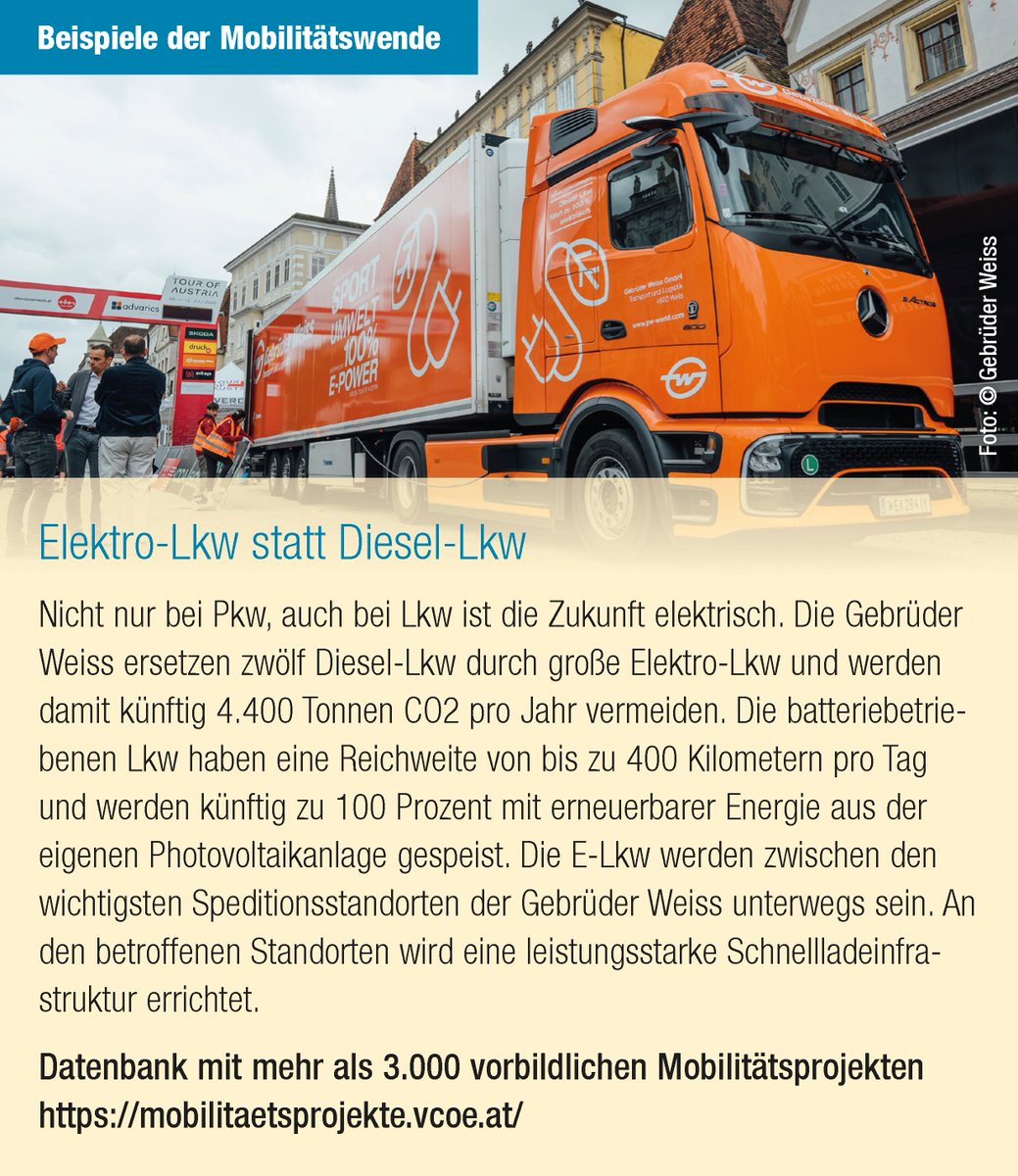 Auch bei Lkw ist der Elektromotor der Antrieb der Zukunft. Schon heute setzen Frächter erfolgreich #eLkw ein. ZB Gebrüder Weiss ersetzten 12 Diesel- durch Elektro-Lkw mit Reichweite von bis zu 400 km pro Tag, vermeiden damit künftig 4.400 Tonnen CO2 pro Jahr #Energiewende 1/2