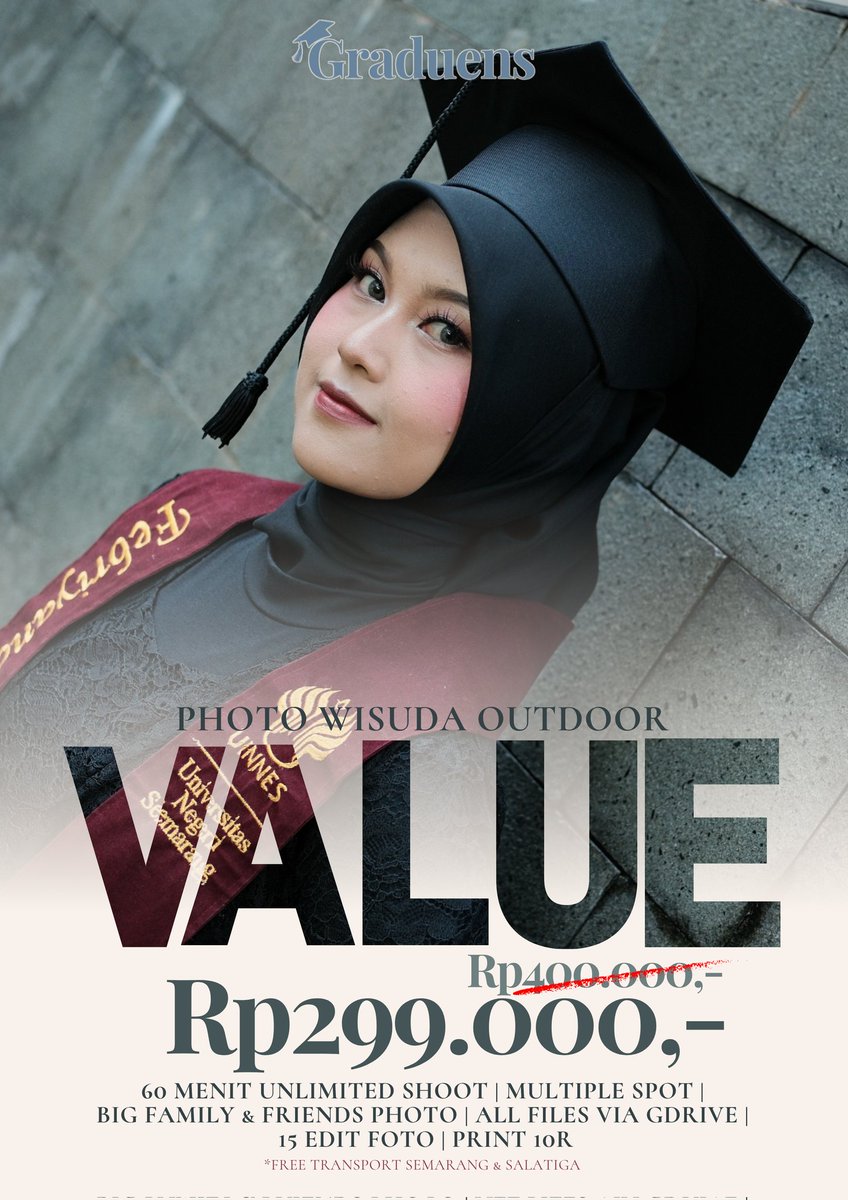 graduens's tweet photo. 🎓 Graduens VALUE — Rp299K

🕐 60 menit sesi
📍 Multiple spot
🎞️ 15 foto edit
🖼️ Cetak 10R
💾 Semua file via Drive
👨‍👩‍👧 Bisa bareng keluarga &amp; teman
🚗 Free transport Semarang &amp; Sekitar

✨ Satu jam, hasil maksimal &amp; estetik!
📲 Booking via https://t.co/M3qHTbw0N5

#jasafotowisuda https://t.co/FxEHSSSOGJ
